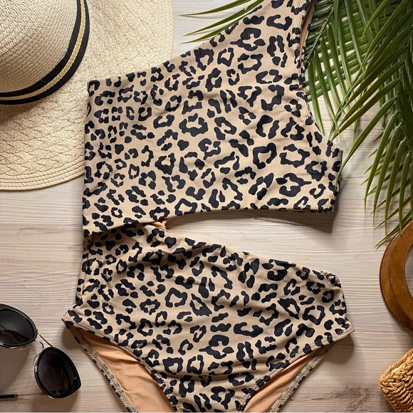 NWOT Beach Riot Leopard Animal Print Asymmetrical Celine One Shoulder One Piece - Picture 3 of 16